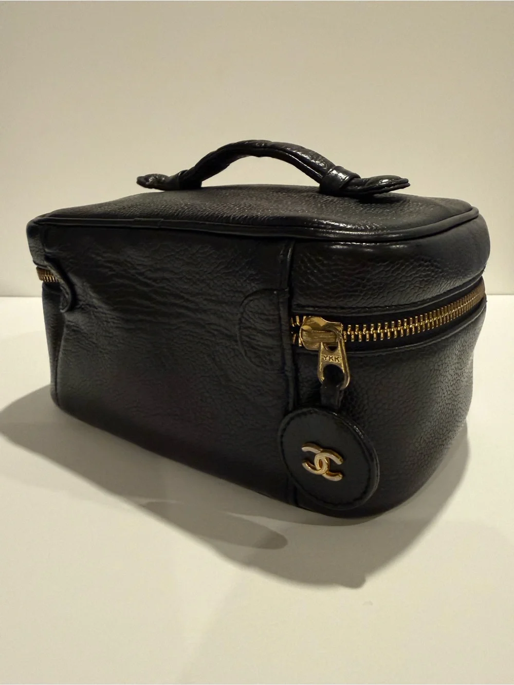CHANEL Black Caviar Leather CC Embossed Cosmetic Pouch with Gold Zipper
